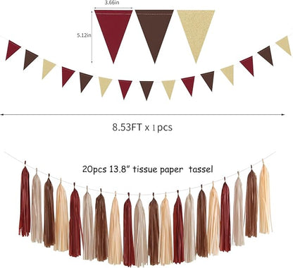 Boho Baby-Shower Burgundy-Brown Champagne Party-Decorations - 28pcs Neutral Birthday Rustic Wedding Bridal Tissue Pom Poms Streamers, Fall Autumn Tassel Garland Banner, Engagement Decor Ouruola