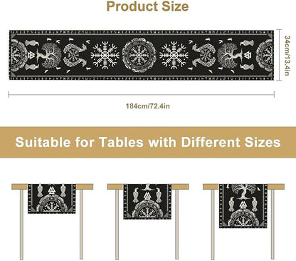 Ancient Abstract Pattern Table Runner, Tree of Life Eagle Dragon Boat Rudder Black and White Table Runner 13x108 Inch