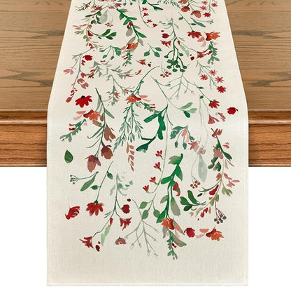 Artoid Mode Floral Leaves Christmas Table Runner, Wild Flowers and Grasses Winter Kitchen Dining Table Decoration for Home Party Decor 13x48 Inch