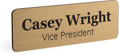 ExcelMark Custom Name Tag - Engraved Name Badge with Pin or Magnetic Backing, 16 Colors, 6 Fonts, and 2 Sizes to Choose from (Gold w/Black Letters, 1"x 3")