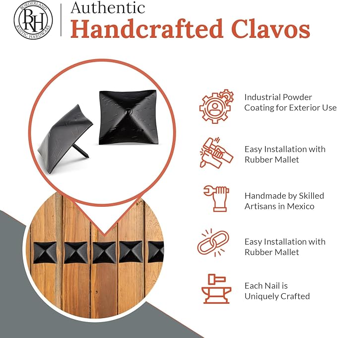 50 Pack 2" Square Head Iron Clavos Decorative Nails – Black – Handmade Rustic Square Fasteners for Farmhouse Shutters, Faux Wood Beams, Barn Doors, Shutters, and Gates – Ornamental Wood Accent
