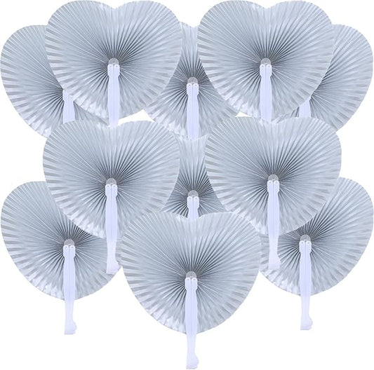 12 Packs Decorative Paper Folding Hand Fans Handheld,Silver Heart Foldable Wedding Fans Chinese and Japanese Fans Bulk for Bridal Guest Church Party Favors Dancing Birthday DIY