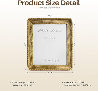 Cuspin 8x10 Picture Frame Gold, Vintage Gold Frames Rattan Textured Hand-Crafted Resin Photo Frame with Glass Front for Tabletop Display & Wall Display, Retro Design Home Decor