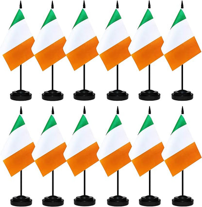 12 Pack Ireland Desk Flags Set, Irish Small Mini Table Office Flags With 12" Solid Black Pole, Black Base and Spear Top, Miniature Desktop Flag, Home Decoration, Office Decoration, Festival