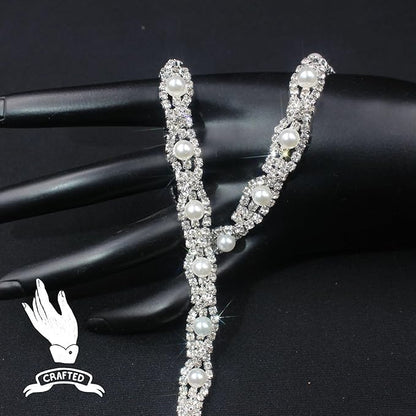 PEARLY JUN 2 Yards Pearl Rhinestone Trim Chain Silver Crystal Fringe Diamond Applique Ribbon String Tassel Strip for Sewing Wedding Dress Crafting Crafts Flower Embellishments