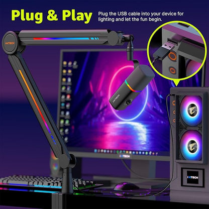 IXTECH RGB Mic Boom Arm High Profile, Overhead Boom Arm Microphone Stand Desk Mount, Adjustable Microphone Stand with Desk Mount, Mic Arm for Live Streaming Gaming Podcasting Recording.