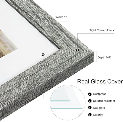 8.5x11 Picture Frame Set of 2, Gray Certificate Document Frames with Glass Collage Frame, Display Pictures Two 5x7 With Mat or 8.5 x 11 Without Mat - Horizontal or Vertical Wall Mounting