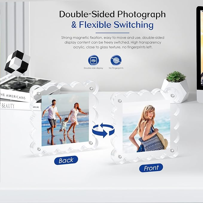 Acrylic Magnetic Picture Frames 4x4-2Pack Clear Freestanding Photo Frame.Double-Sided Scalloped Edges, 10+10mm Thick Block, for Modern Desktop Display &Perfect for Gifts (2 Pack, 4X4)