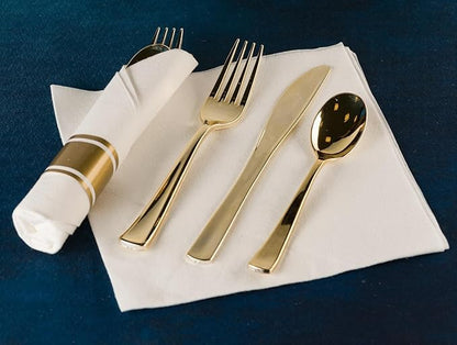 Gold Plastic Silverware Set, 160 Count, Extra Heavy Duty Flatware, Disposable Cutlery Utensils, 80 Forks, 40 Spoons, 40 Knives, Polished Gold, Bulk Pack