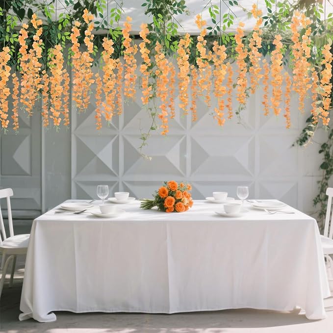 24 Pack Wisteria Hanging Artificial Fall Flowers Fake Flowers Ratta Hanging Garland Silk Flowers String for Home Garden Party Wedding Backdrop Arch Decor (Orange)