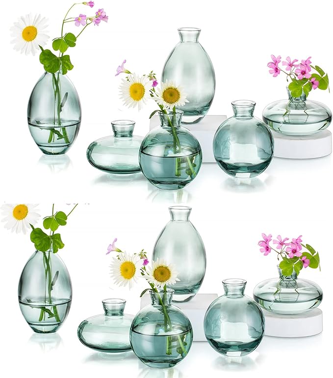 Glass Bud Vases Set of 12, Hewory Cute Green Small Vases Handmade, Mini Glass Flower Vase for Floral Arrangement, Tiny Centerpiece for Home Office Wedding Party Events Table Decor (Not Include Flower)