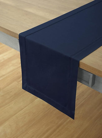 Solino Home Navy Blue Table Runner 108 Inches Long - Cotton Linen Hemstitch 14 x 108 Inch Table Runner for Dining, Fall, Autumn, Thanksgiving, Holiday