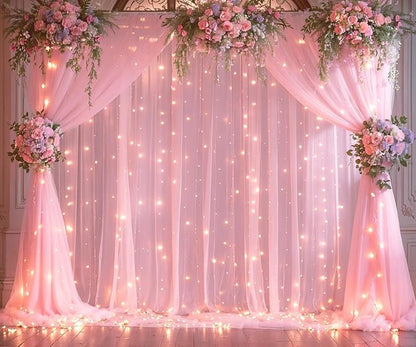 20ft x 10ft Pink Tulle Photo Backdrop Curtain with Lights String for Baby Shower Sheer Baby Pink Curtain Backdrop for Birthday Party Wedding Photo Booth Photography Background Decorations