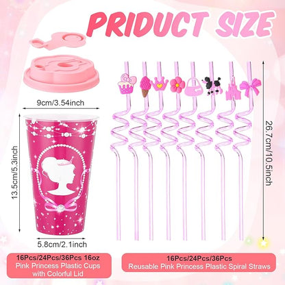 Yungyan 36 Sets Hot Pink Girl Party Favors Goodie Cups with Lids and Straws for Birthday Decorations Reusable 16oz Plastic Candy Cups Plastic Straws for Birthday Party (Pink Princess)