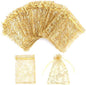 Staruby Organza Gift Bags 100Pcs Gold Sheer Organza Bag 4x6 Inch Mesh Favor Bags Drawstring Jewelry Rattan Printed Gift Pouches for Wedding Party Favors Couple Shower Christmas Gifts Candy Bags