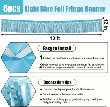 6 Pack 10 Feet Light Blue Foil Fringe Garland Metallic Tinsel Streamers Banner Wall Hanging Curtain Backdrop for Parade Floats, Birthday, Graduate, Mother's Day, Wedding Party Decoration