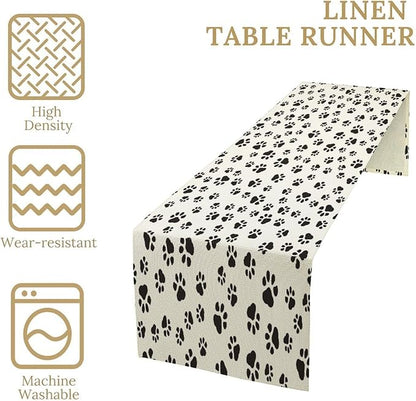 Dog Paws Table Runner,Cartoon Cute Black White Animal Footprints Abstract Tablecloth Burlap for Hotel Indoors Outdoor Dining Room Kitchen Home Decor,W13X L70 in