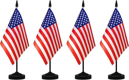 NQ American Desk Flag Set, 8.3 X 5.5 Inch Small American Flags on Stick, Mini American Flag with Stand Base, US Flag Decor for Table, Office, Home, Festival Decoration (4 Pack)