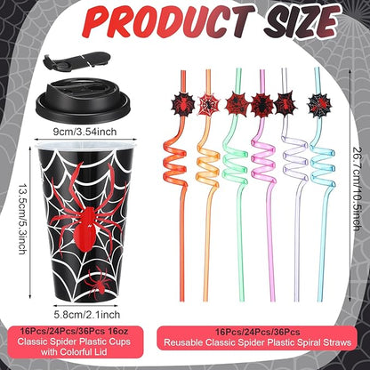 Yungyan 16 Sets Spider Party Favors Goodie Cups with Lids and Straws for Halloween Party Decorations Reusable 16oz Plastic Candy Cups Plastic Straws for Birthday Gift (Spider)