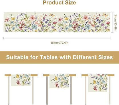 Watercolor Floral Table Runner, Colorful Spring Summer Nature Flower Dragonfly Pattern Print Table Runner for Kitchen Dinning Table Runner Decor Home Wedding Party Holiday, 13x36 Inch