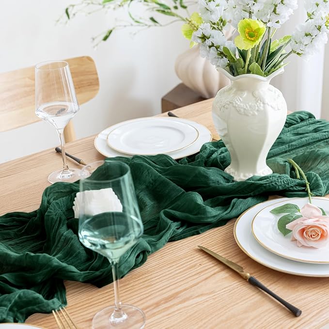 Asee'm 6PCS Table Runner Cheesecloth 10FT Emerald Green Boho Gauze Fabric Rustic Sheer Cheese Cloth Runners for Wedding Bridal Shower Party