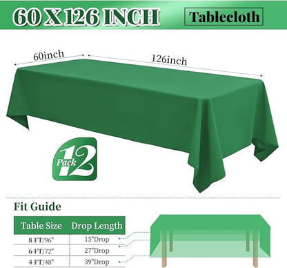 12 Pack 60 x 126 Inch Rectangle Tablecloth Green Polyester Tablecloth for 8 Ft Rectangle Tables, Washable Fabric Table Cloth for Wedding Dining Table Buffet Parties Camping