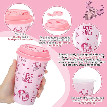 Yungyan 16 Sets Pink Cowgirl Party Favors Goodie Cups with Lids and Straws for Halloween Party Decorations Reusable 16oz Plastic Candy Cups Plastic Straws for Birthday Gift(Pink Cowgirl)