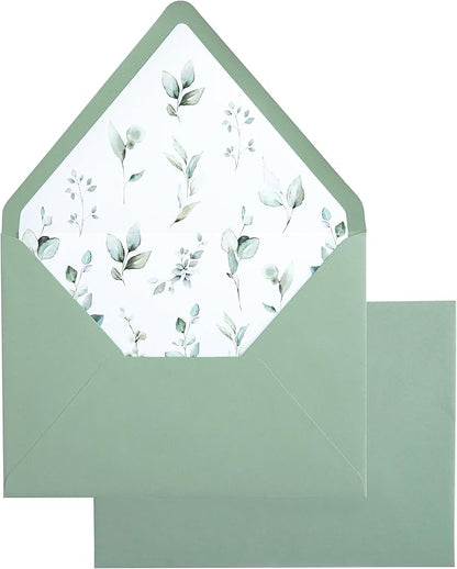 PONATIA 50PCS A7 Euro Flap Envelope, 5.25 x 7.25'' Sage Green Flowers Liner Envelopes for Wedding Invitations, Photos, Postcards, Greeting Cards, Christmas Gift, Acrylic Mailing