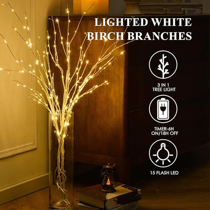 Lighted White Birch Branches With Timer 33IN 180 LED Twig for Vase Christmas Decor Artificial Tree Branch Holiday Parent