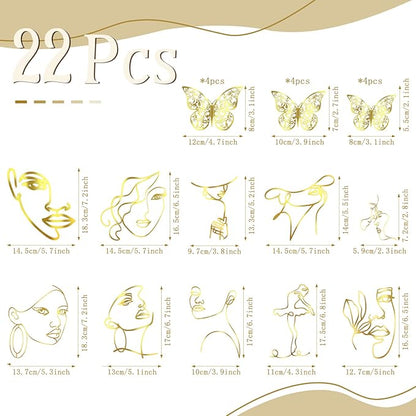 Kigley 22 Pcs Minimalist Art Lady Face Cake Topper Butterflies Cake Decoration Acrylic Wedding Birthday Boho Cake Toppers for Women Bridal Shower Party Supplies (Gold)