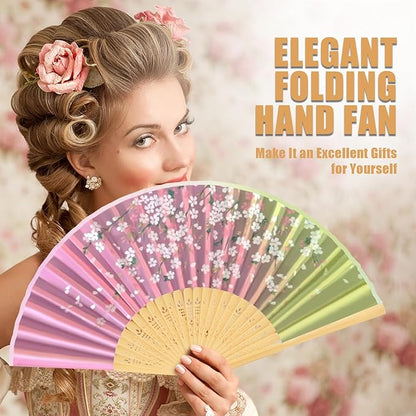WEARXI Handheld Fan, 4 PCS Hand Fan, Chinese Folding Fan for Women Foldable, Silk Bamboo Hand Held Fan, Paper Hand Fan