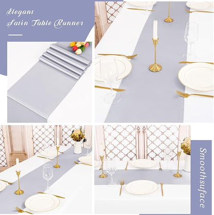 12 Pack Silver Satin Table Runner,12 x 108 inch Long Premium Smooth Table Runner for Wedding, Banquets, Birthday, Party, Graduation, Engagements, Table Runners fit Rectangle and Round Table