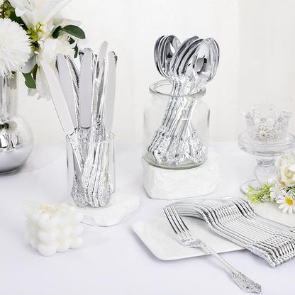 WDF 120PCS Silver Plastic Silverware - Heavy Duty Silver Plastic Cutlery Set - 40 Forks, 40 Spoons, 40 Knives, Perfect for Christmas Parties/Weeding