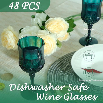 Plastic Wine Glasses，Plastic Goblets Vintage Style Cordial Drinking Glasses for Wedding Reception, Christmas Grand Event Party Supplies (48, Green)
