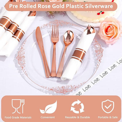 50Guests Pre Rolled Rose Gold Plastic Silverware Sets - Heavy Duty Rose Gold Cutlery - Include 50 Pack Wrapped Disposable Utensils with Napkins for Parties, Dinners & Weddings