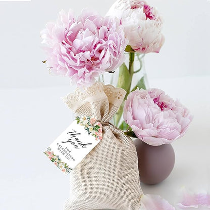 Andaz Press 100-Pack Thank You for Celebrating with Us Favor Tags Peach Coral Floral Garden Cardstock Gift Tags with Bakers Twine for Wedding Baby Shower Bridal Shower Party Favors 2 x 3.75-Inches