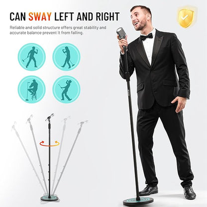 CAHAYA Mic Stand Floor Detachable - Microphone Stand Heavy Duty with Weighted Round Base Phone Holder and 2 Mic Clips Portable Mic Stands Height Adjustable 50" to 64" for Singing Performance Stage