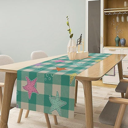Starfish Plaid Table Flag Green Plaid and Marine Life Starfish Kitchen Table Flag Suitable for Birthday Party Restaurant Decoration Outdoor Picnic 13x36 Inch