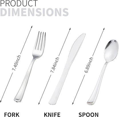 50 Pack Pre Rolled Silver Plastic Silverware Set, Disposable Wrapped Plastic Cutlery Set (50 Forks, 50 Knives, 50 Spoons, 50 Napkins) for Wedding Party