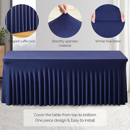 Wish Care 2 Pack Navy Blue Spandex Table Clothes for 4 Foot Rectangle Tables, 4FT Wrinkle Free Fitted Tablecloths Ruffles Design Table Cover for Party, Banquet, Wedding and Events