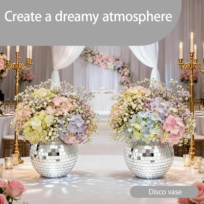 6 Pcs Disco Ball Vases,6" X 6.7" Disco Ball Centerpieces Decor,Silver Mirror Plastic Vase Disco Ball Planter for Wedding,Birthday,Office Table Decorations