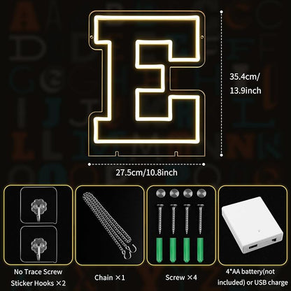 Light Up Letters E, Led Marquee Letter Lights Neon Sign, 13.9" Height Decorative Lighted Alphabet Number, Battery/USB Powered Led Letters Lights for Wedding, Birthday, Party, Christmas or Home Decor