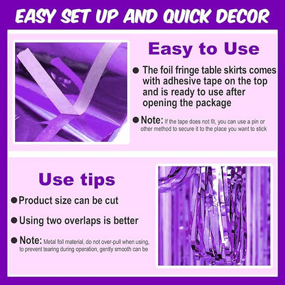 3 Pack 29 x108 Inch Purple Foil Fringe Table Skirts Metallic Banner for Tinsel Streamer Garland Backdrop for Parade Floats Mother's Day, Graduate, Birthday, Wedding Party Decoration