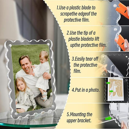 Acrylic Picture Frames 3 Pack 5x7 Scalloped with Detachable Brackets, Vertical and Horizontal Tabletop Display, Clear Magnetic Photo Frames for Home/Party/Wedding