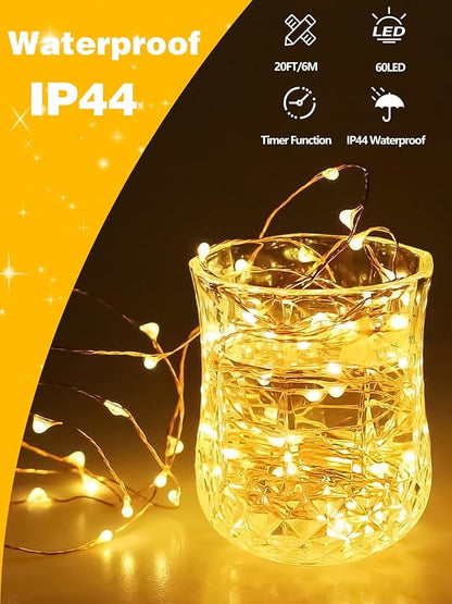 4 Pack 60 LED Fairy Lights Battery Operated with Timer, 20FT Waterproof Twinkle Lights Indoor Outdoor, Cuttable String Lights for Bedroom, Wedding, DIY, Centerpiece, Christmas Decorations (Warm White)