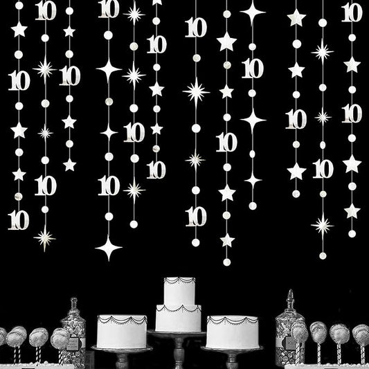 Silver 10th Birthday Decorations Number 10 Circle Dot Twinkle Star Garland Metallic Hanging Streamer Banner Backdrop for Girls Boys Double Digits Ten Year Old Birthday 10th Anniversary Party Supplies