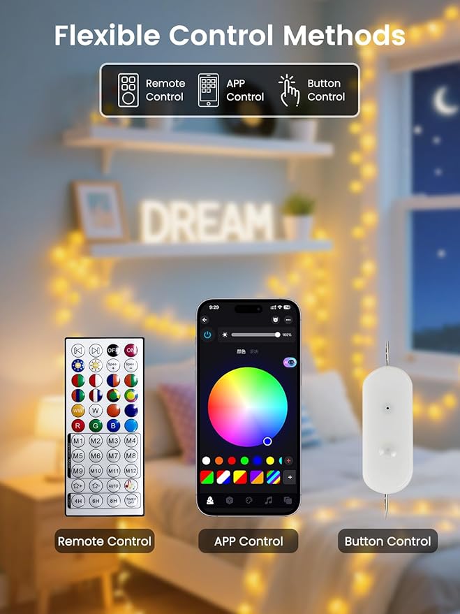 78ft Smart Color Changing Christmas Lights, 200 LED RGB Globe String Lights App Control with Remote & Timer, Music Sync Fairy Light Plug in Waterproof for Christmas Decoration Indoor Outdoor Bedroom