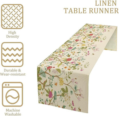Floral Table Runner, Vintage Birds Wildflowers Herbs Nature Theme Linen Long Table Kitchen Dining Table Holiday Party Decorative Table Runner,13in（33cm） W * 36in（92cm） L