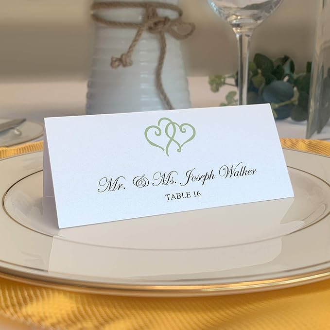 Linked Hearts Place Cards, Sage (Choose Color), Set of 150, Pre-cut and Scored - Wedding, Party, Dinner, and Special Events - Made in the USA