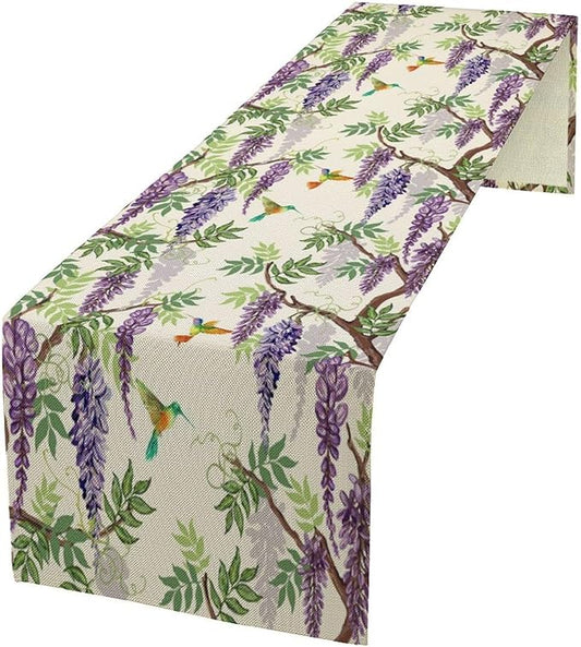 Vintage Bird Flower Table Runner Seasonal Spring Purple Wisteria Garden Plants Lavender Florals Farmhouse Country Kitchen Dinner Runner Dining Table Decoration for Home Party Holiday 13"x90"